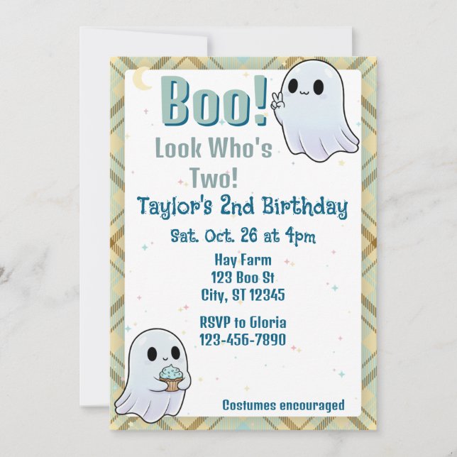 Convite Boo, Look Who's Two, Ghost 2nd Birthday (Frente)