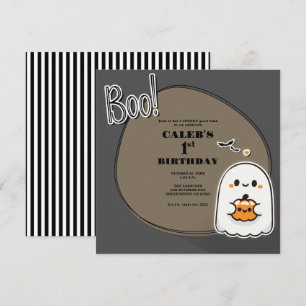 Convite BOO! Pequeno Fantasma Cinza Aniversário de 1 ano d