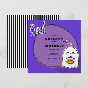 Convite BOO! Pequeno Fantasma Roxo Halloween 1º Aniversári
