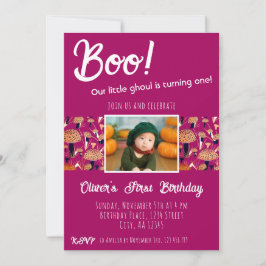 Convite Boo Primeiro Aniversário Cogumelos Halloween Outon