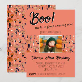Convite Boo Primeiro Aniversário Cogumelos Halloween Outon