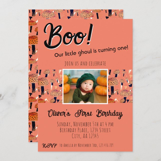 Convite Boo Primeiro Aniversário Cogumelos Halloween Queda (Frente/Verso)