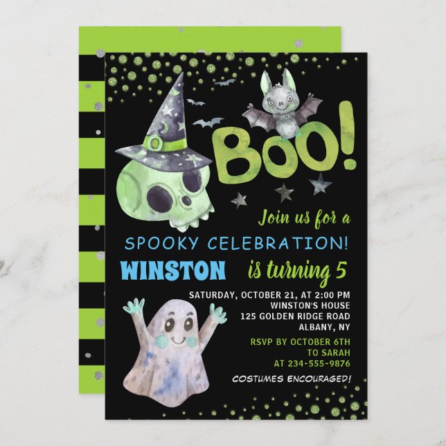 Convite Boo Spooky Green Skull Boy no aniversário das brux (Frente/Verso)