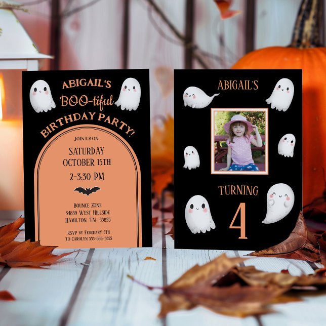 Convite BOO-tiful Halloween Girl's Birthday Invitation (Photo Halloween Birthday Party Invitation with Ghosts)