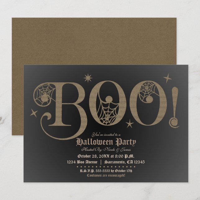 Convite BOO Traje Rústico Marrom Elegante Festa de Hallowe (Frente/Verso)
