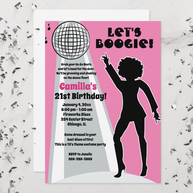 Convite Boogie de Aniversário da Mulher do Partido Disco R (Disco Birthday Party Invitation in Pink and Silver)