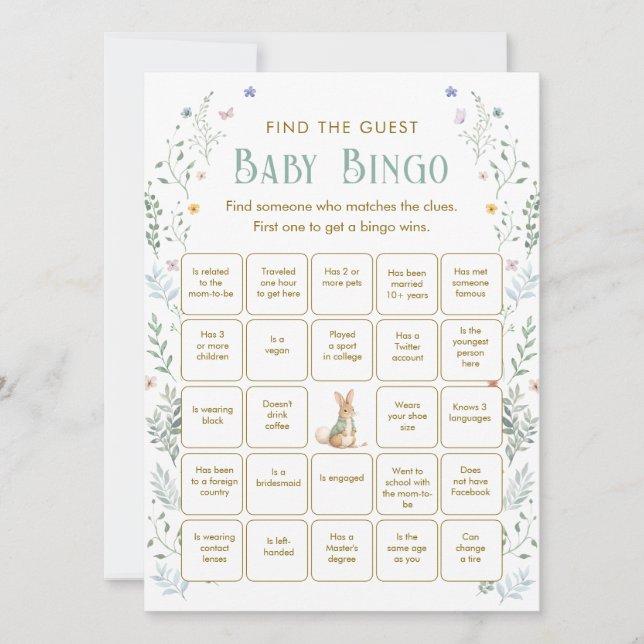 Convite Book Baby Shower Find the Guest Bingo Game Card (Frente)