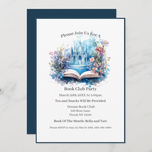 Convite Book Castle Floral Book Club (Frente/Verso)