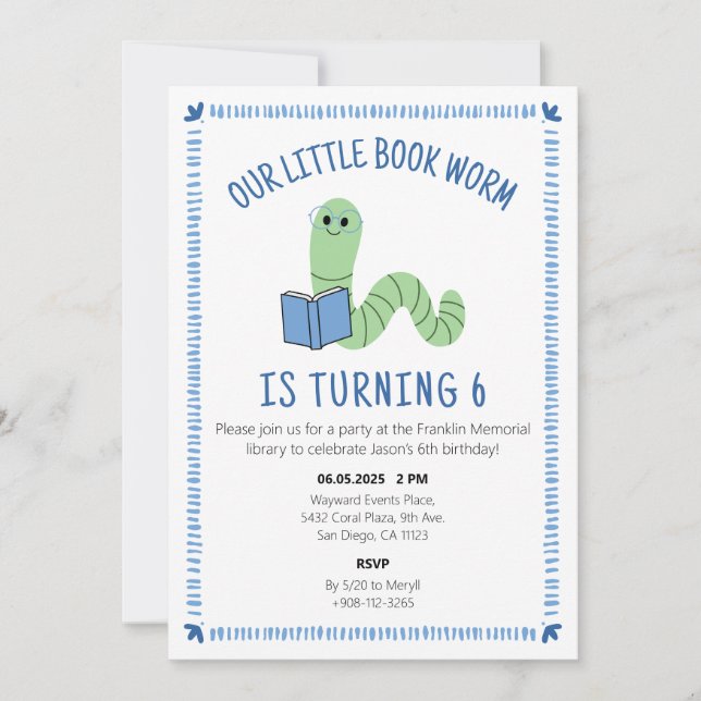 Convite Book Worm Reading Lover Birthday Party Invite (Frente)