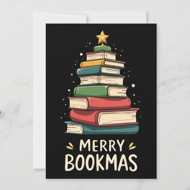 Convite Bookmas felizes - Pilha Festiva de Livros (Frente)