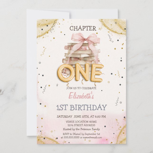Convite Books Bow Confetti Watercolor 1st Birthday  (Frente)