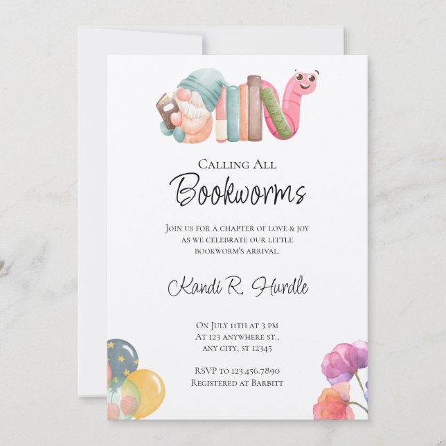 Convite Bookworm Baby Shower (Frente)