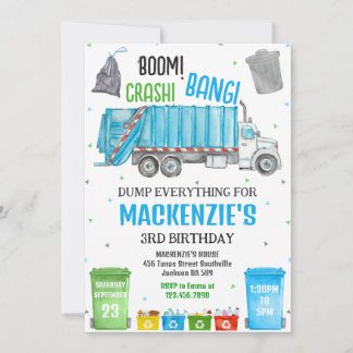 Convite Boom Crash Bang Garbage Truck Boy Birthday Party