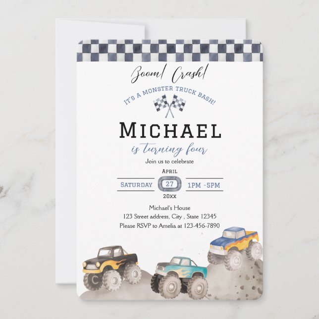 Convite Boom Crash Monster Truck Bash Invite (Frente)