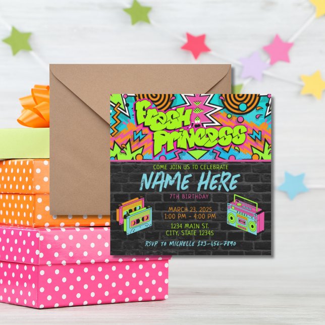 Convite Boombox Green Colorful Birthday, Princesa Fresca d (Criador carregado)
