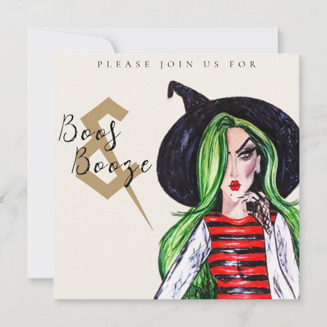 Convite Boos and Booze Halloween Witch Party Invitation (Frente)