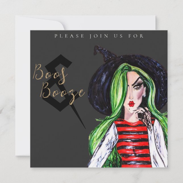 Convite Boos and Booze Halloween Witch Party Invitation (Frente)