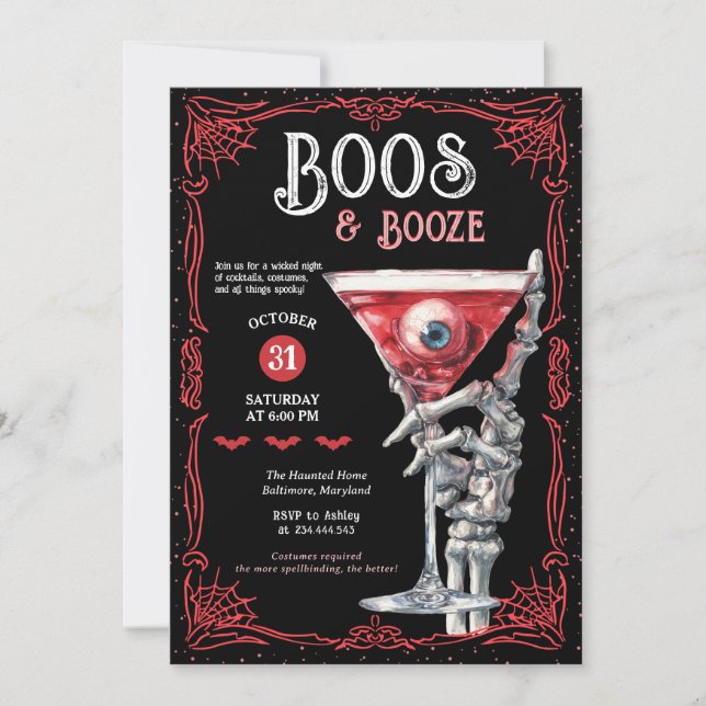 Convite Boos & Booze Red Spooky Costume Halloween Party (Frente)