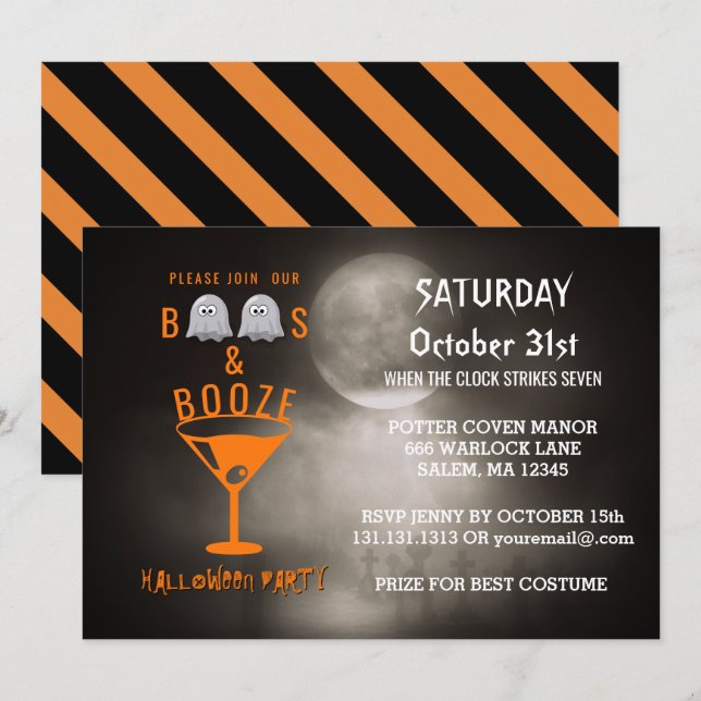 Convite Boos e Booze Adultos Festa de Halloween Graveyard (Frente/Verso)