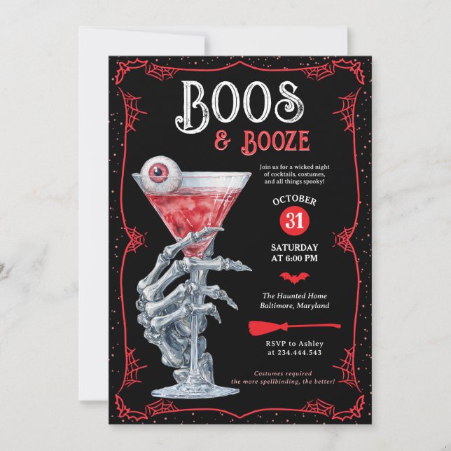 Convite Boos e Booze Adultos Festa de Halloween Spooky (Frente)