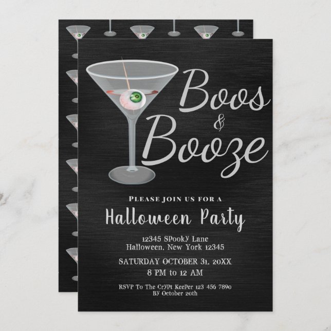 Convite Boos e Booze Cocktail Halloween (Frente/Verso)