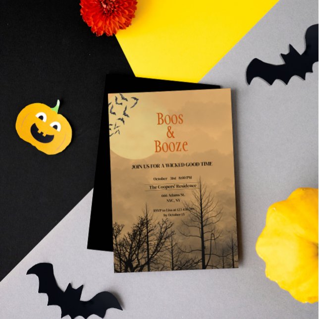 Convite Boos e Booze Dusk Dark Woods Festa de Halloween (Criador carregado)