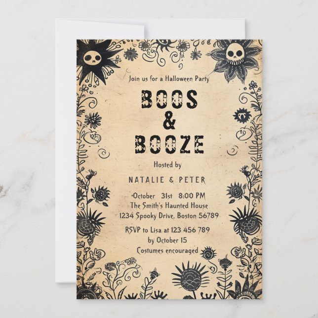 Convite Boos e Booze Eu Estraguei Flores Festa de Hallowee (Frente)
