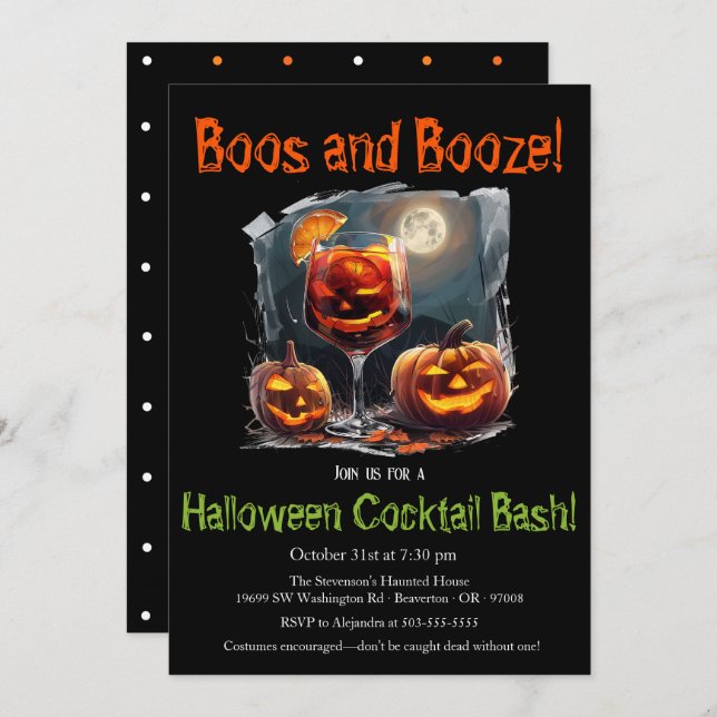 Convite "Boos e Booze" Festa de Coquetel de Halloween (Frente/Verso)