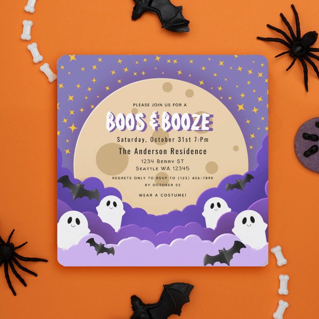 Convite Boos e Booze Festa de Halloween da Lua Fantasma (Criador carregado)