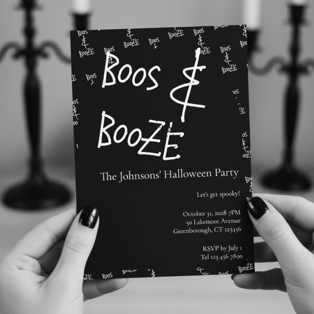 Convite Boos e Booze Festa de Halloween Preta e Branca (Criador carregado)