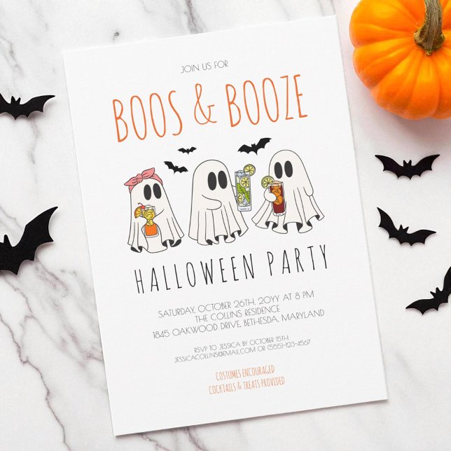 Convite Boos e Booze Festa Engraçada de Adultos Fantasmas (Boos and Booze Funny Ghost Adult Halloween Party Invitation)