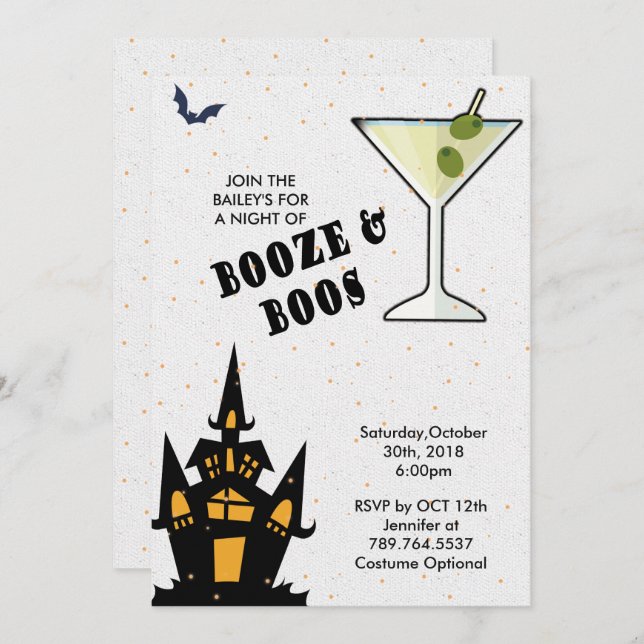 Convite Boos e Booze Halloween Elegante (Frente/Verso)
