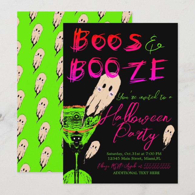 Convite Boos e Booze Halloween Fantasma Neon Black (Frente/Verso)