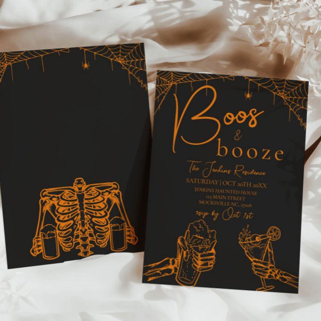 Convite Boos e Booze Halloween Skeleton Party Orange (Criador carregado)