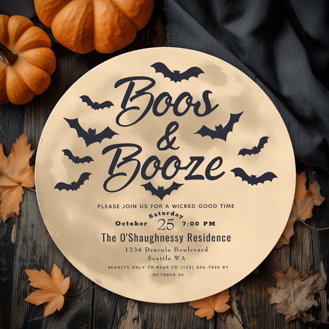 Convite Boos e Booze Lua e Bats Festa Adulta do Halloween (Criador carregado)