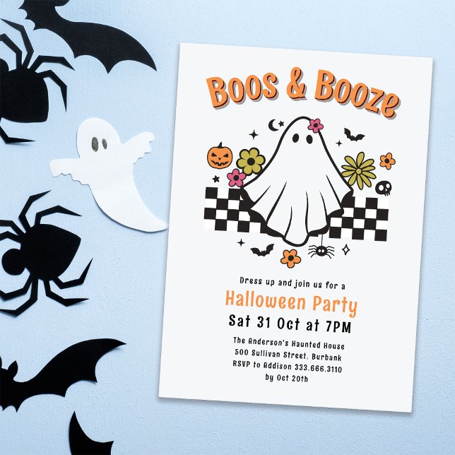 Convite Boos e Booze Retro Ghost Halloween Festas (Criador carregado)