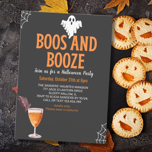 Convite Boos y Booze Black Funny Halloween Party (Criador carregado)
