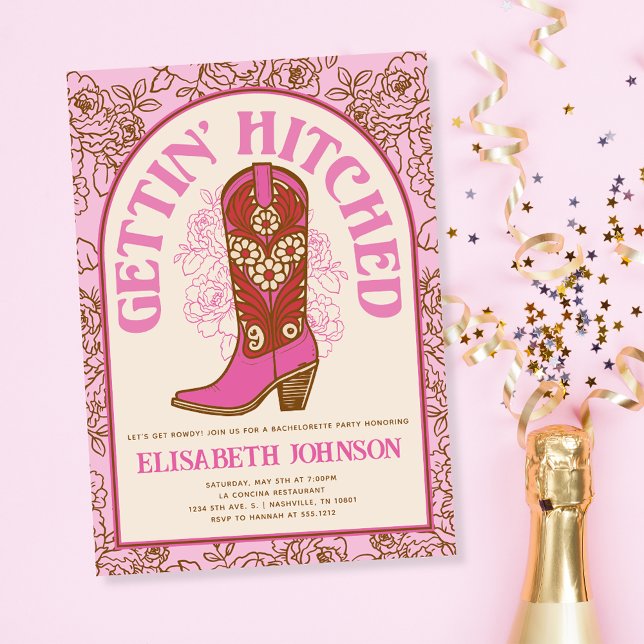 Convite Boot De Cowboy Rosa Pegando Bachelorette Atingido (Pink Cowboy Boot Gettin' Hitched Bachelorette Invitation)
