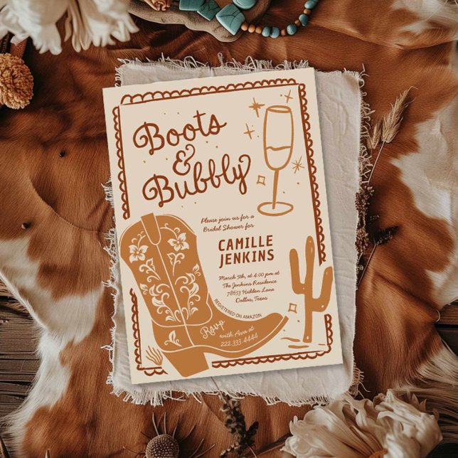 Convite Boot e Chá de panela desenhado à mão (Boots and Bubbly Hand Drawn Bridal Shower Invitation)