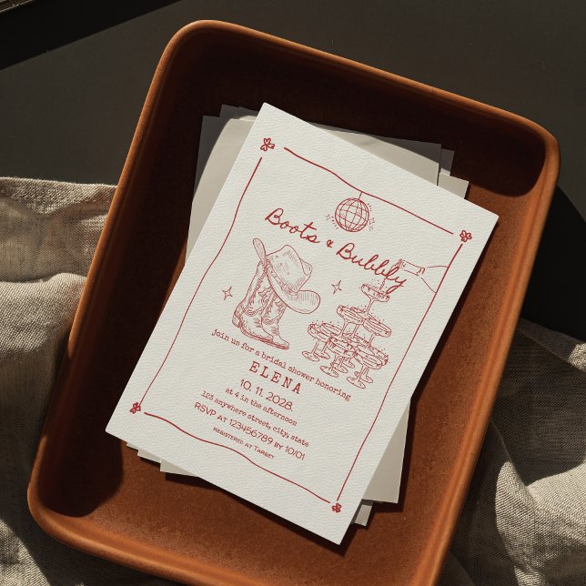 Convite Boot e Chá de panela vermelho desenhado à mão (boots & bubbly bridal shower invitation last rodeo hand drawn red )