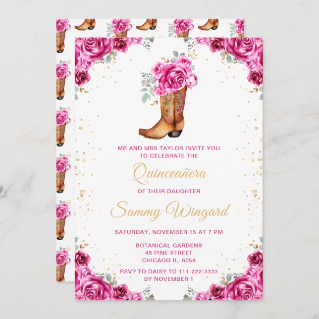 Convite Boot Floral Dourado Rosa Quinceañera (Frente/Verso)
