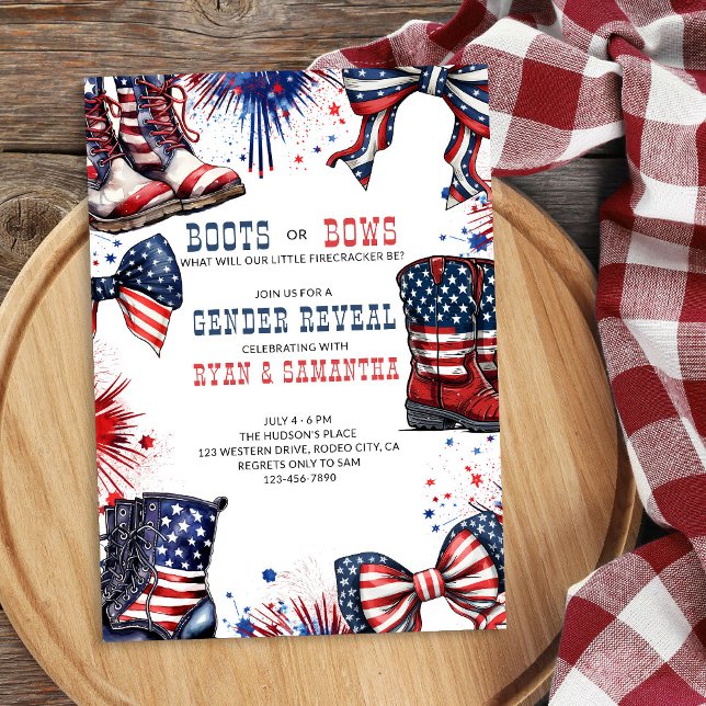Convite Boot ou Arco 4 de julho Revisão do Gênero Ocidenta (Western Cowboy Boots or Bows Red White and Blue Gender Reveal Invitation)