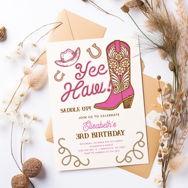 Convite Boot Yee Haw Girly Rodeo Aniversário do Cowboy Ros (Pink Cowboy Boot Yee Haw Girly Rodeo Birthday Invitation)