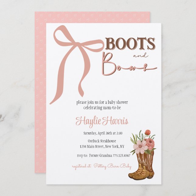 Convite Boots and Bows Baby Girl Shower (Frente/Verso)