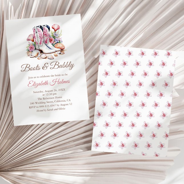 Convite Boots and Bubble Costal Cowgirl Chá de panela Invi (Boots and Bubbly Costal Cowgirl Bridal Shower Invi Invitation on a sunny white dry palm leaf.)