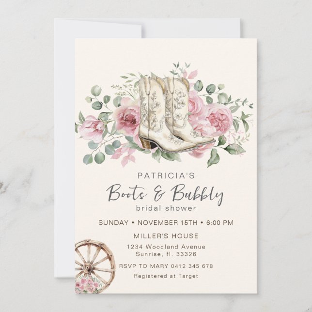 Convite Boots and Bubble Pink Cowgirl Chá de panela (Frente)