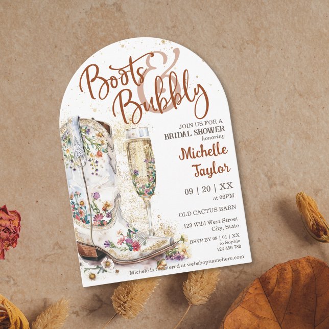 Convite Boots and Bubble Western Brid Wild West Country (boots and bubbly bridal shower invitation with cowboy boots with flowers and champagne glass)