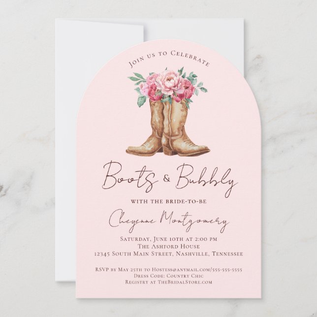 Convite Boots and Bubbly Blush Pink Floral Bridal Shower (Frente)
