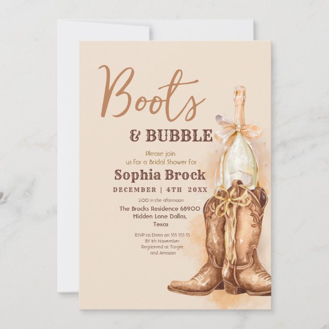 Convite  Boots and Bubbly Bridal Shower Invitation (Frente)