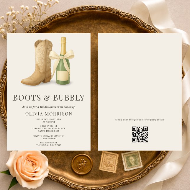 Convite Boots and Bubbly QR Code Bow Bridal Shower (Criador carregado)